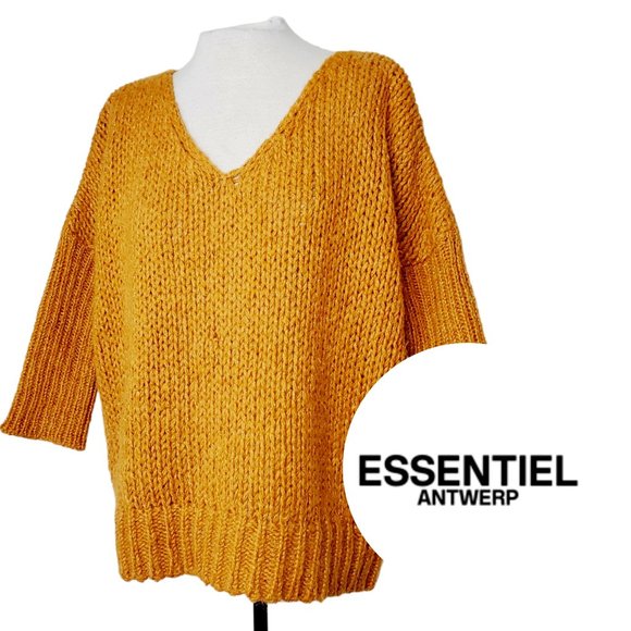 Essentiel Antwerp Sweater V-Neck Chunky Shimmer Soft Mohair Luxury Mustard M - Picture 1 of 11